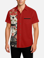 Men's Japanese Cat Mask Panel Camp Collar Short Sleeve Shirt Eleven Oasis
