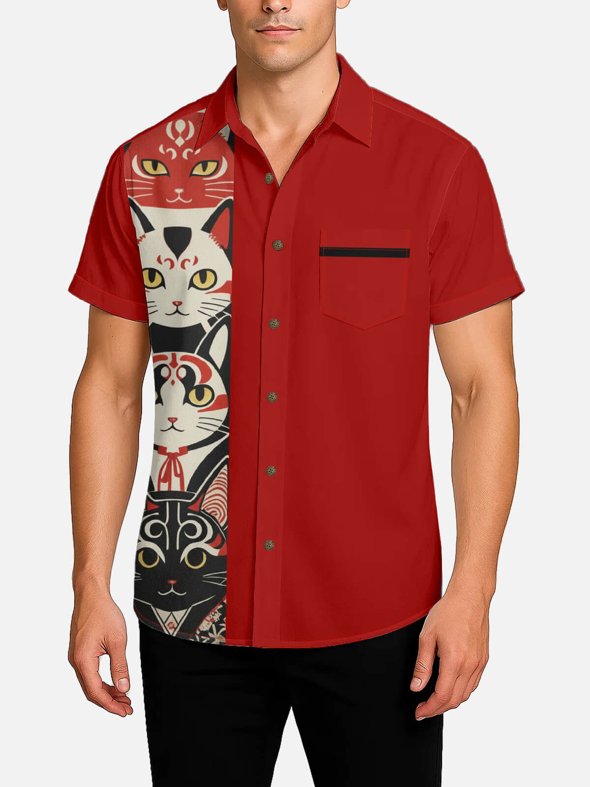 Men's Japanese Cat Mask Panel Camp Collar Short Sleeve Shirt Eleven Oasis