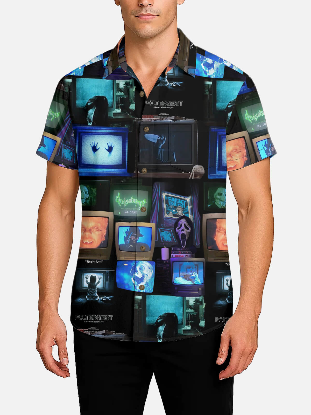 Tall Men¡®s Horror Movies TV Screens Collage Short Sleeve Shirt Eleven Oasis