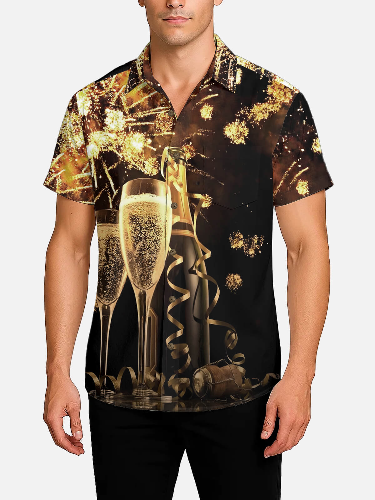 Tall Men's New Year Fireworks Champagne Short Sleeve Shirt Eleven Oasis