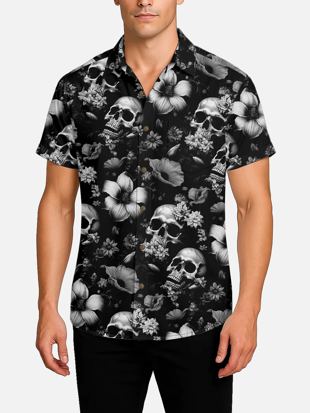 Tall Men's Skull and Floral Print Short Sleeve Shirt Eleven Oasis
