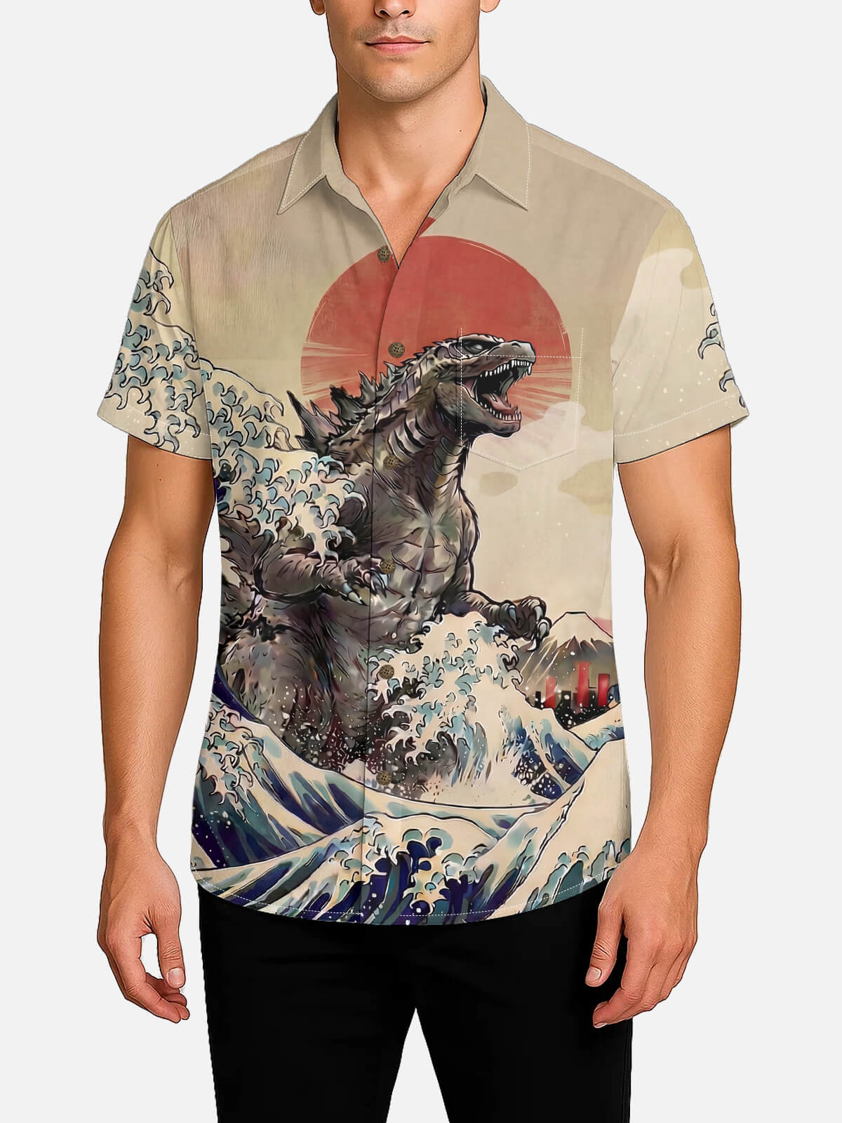 Men's Japanese Godzilla Wave Art Short Sleeve Shirt Eleven Oasis
