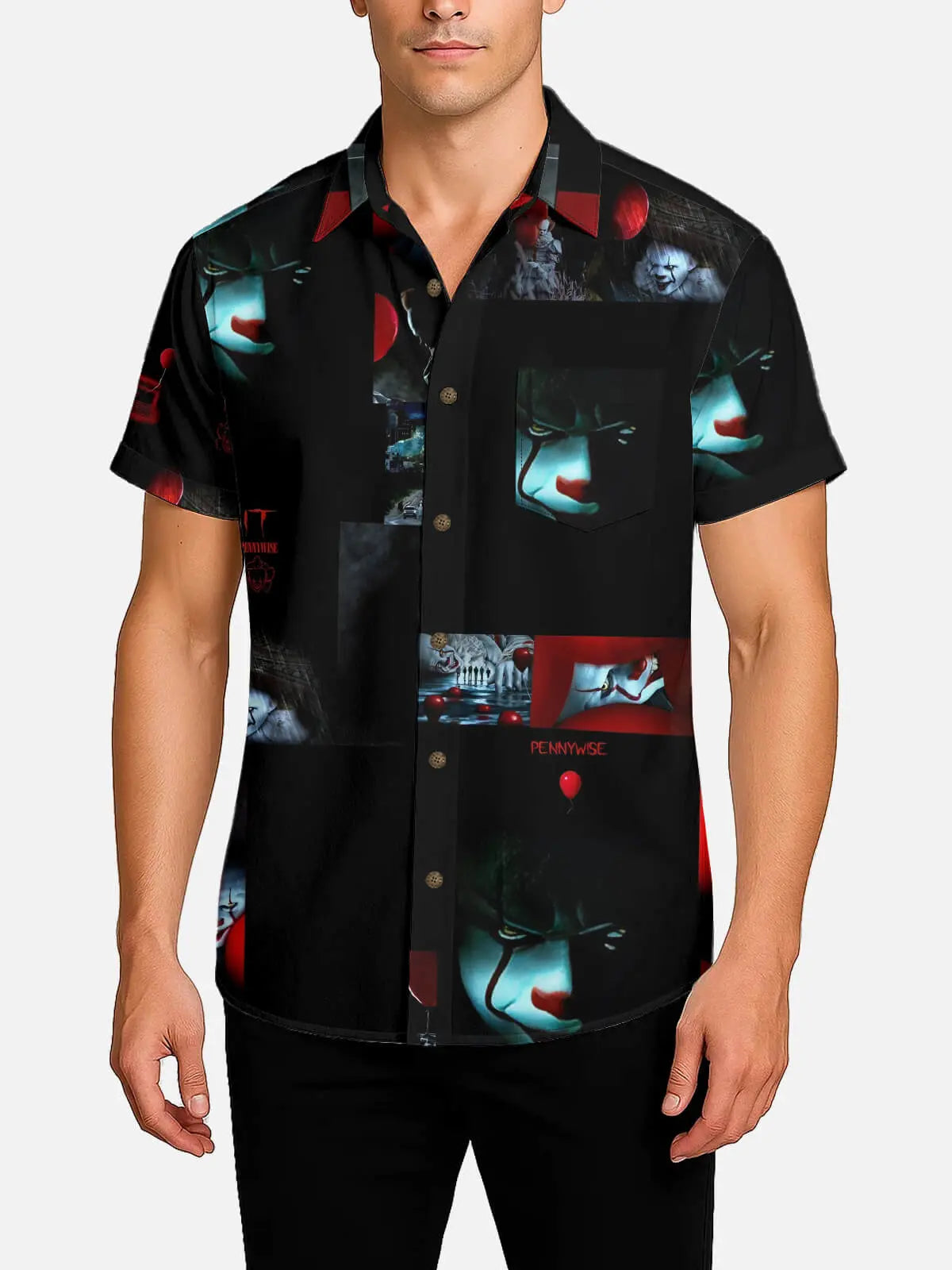 Tall Men's IT Pennywise Collage Halloween Short Sleeve Shirt Eleven Oasis