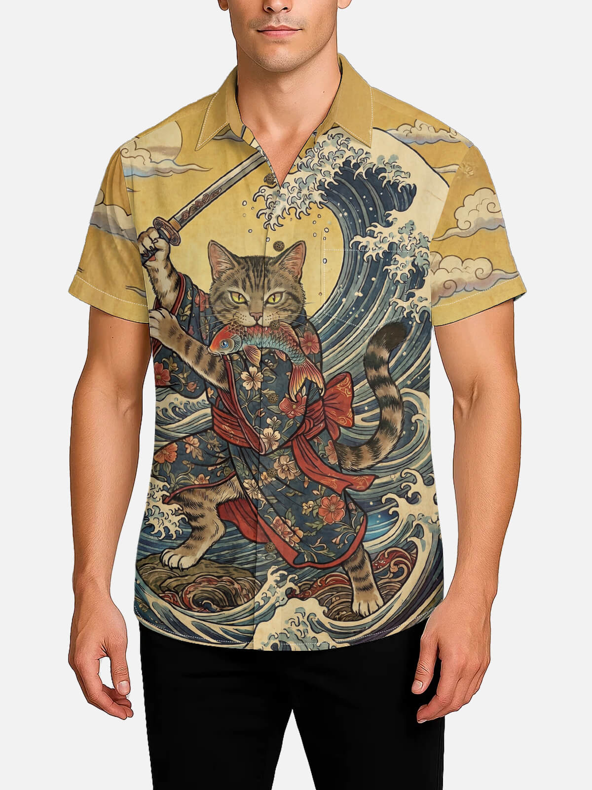 Tall Men's Japanese Samurai Cat Wave Art Short Sleeve Shirt Eleven Oasis