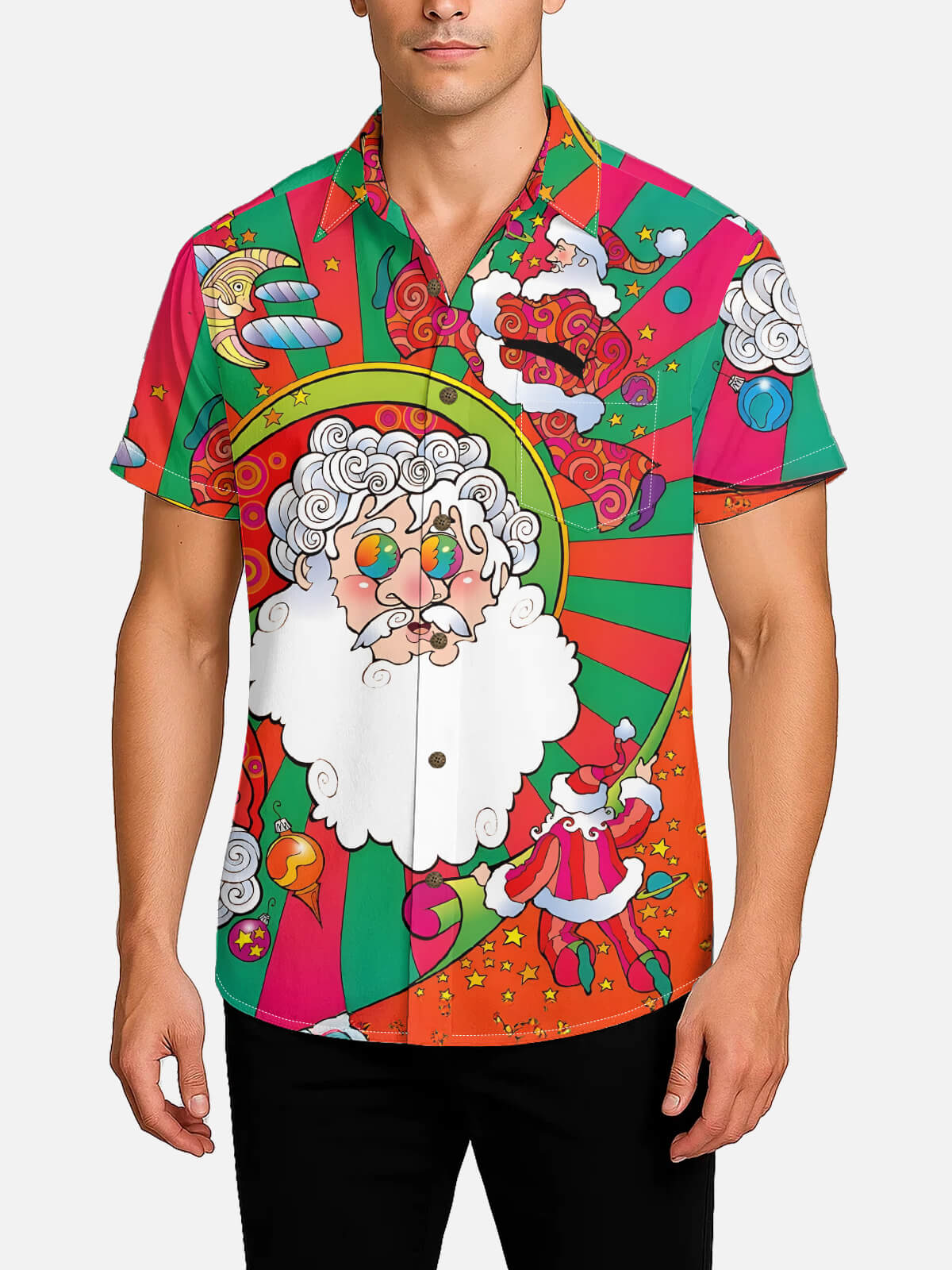 Men's Psychedelic Groovy Christmas Santa Holiday Short Sleeve Shirt Eleven Oasis