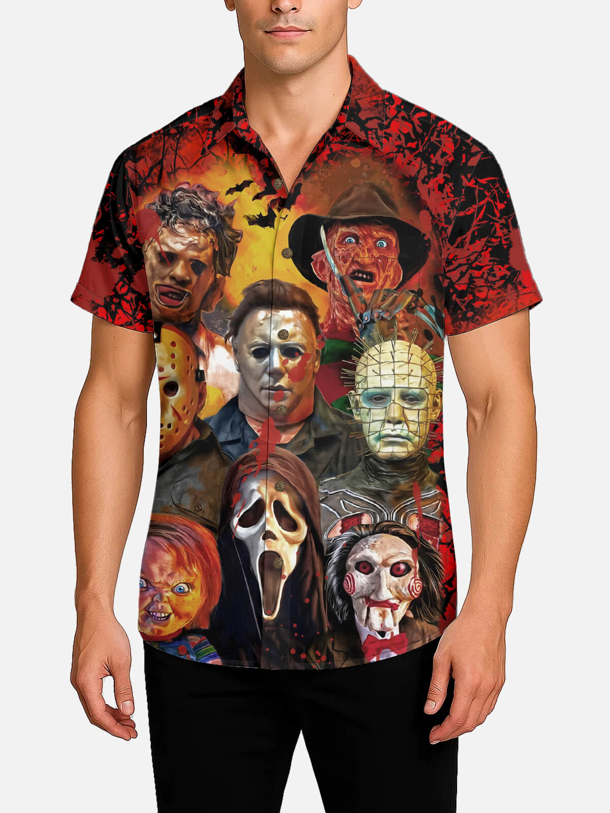 Tall Men's Horror Icons Mashup Halloween Short Sleeve Shirt