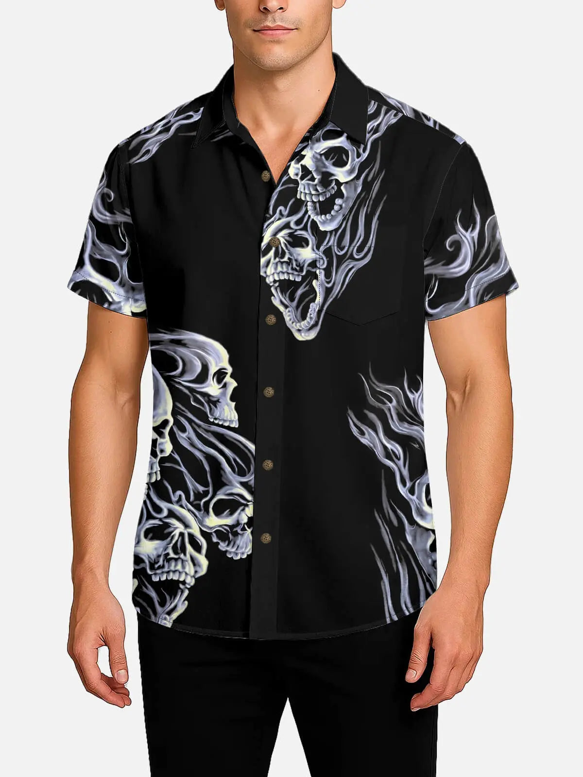 Tall Men's Flaming Skulls Halloween Short Sleeve Shirt Eleven Oasis