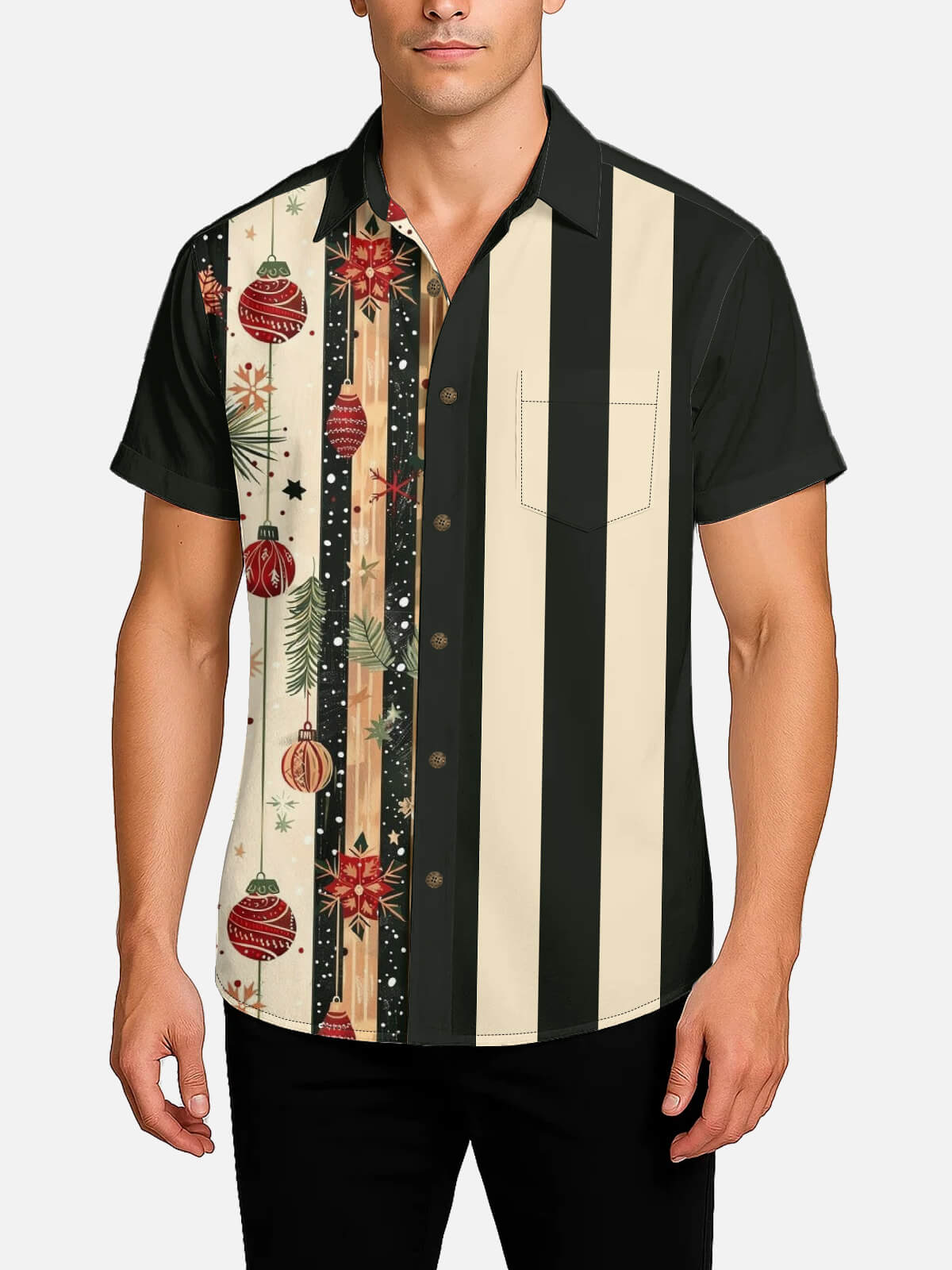 Tall Men's Christmas Ornaments Stripe Short Sleeve Shirt Eleven Oasis