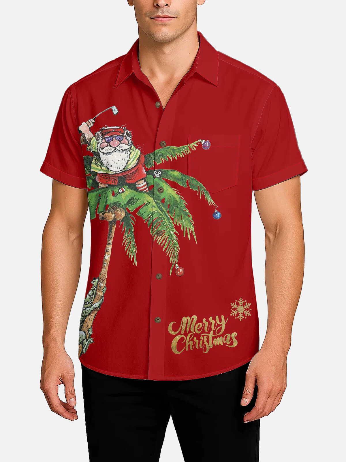 Tall Men's Palm Tree Golfing Santa Short Sleeve Shirt ElevenOasis