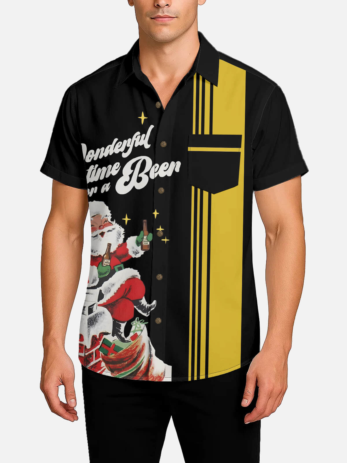 Tall Men's Retro Santa Wonderful Beer Time Bowling Shirt Eleven Oasis