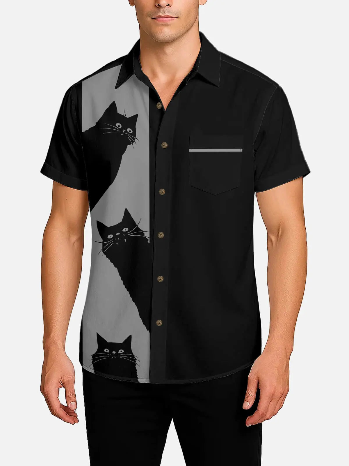 Tall Men's Black Cat Short Sleeve Shirt Eleven Oasis
