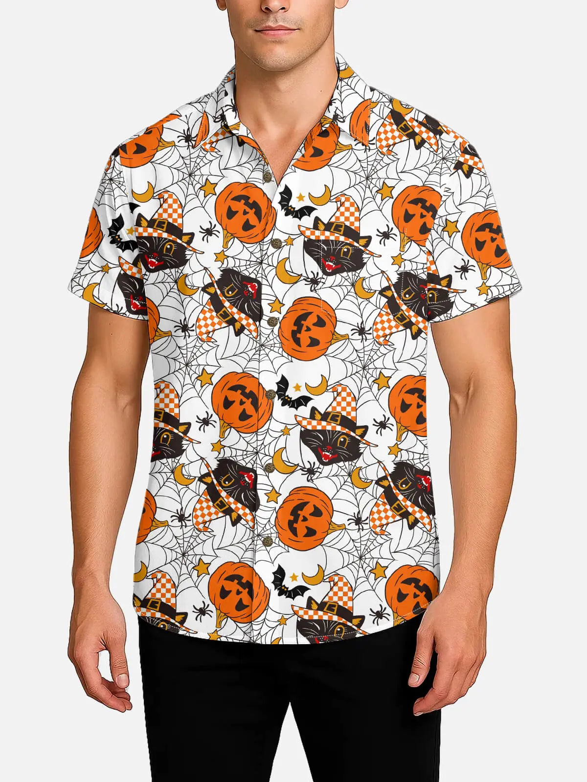 Tall Men's Halloween Cats and Pumpkins Short Sleeve Shirt Eleven Oasis