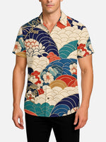 Men's Japanese Seigaiha & Floral Waves Camp Collar Short Sleeve Shirt Eleven Oasis