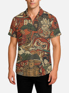 Men's Japanese Folk Motifs Spread Collar Short Sleeve Shirt Eleven Oasis