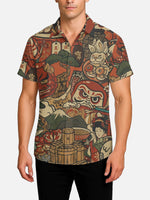 Men's Japanese Folk Motifs Camp Collar Short Sleeve Shirt Eleven Oasis