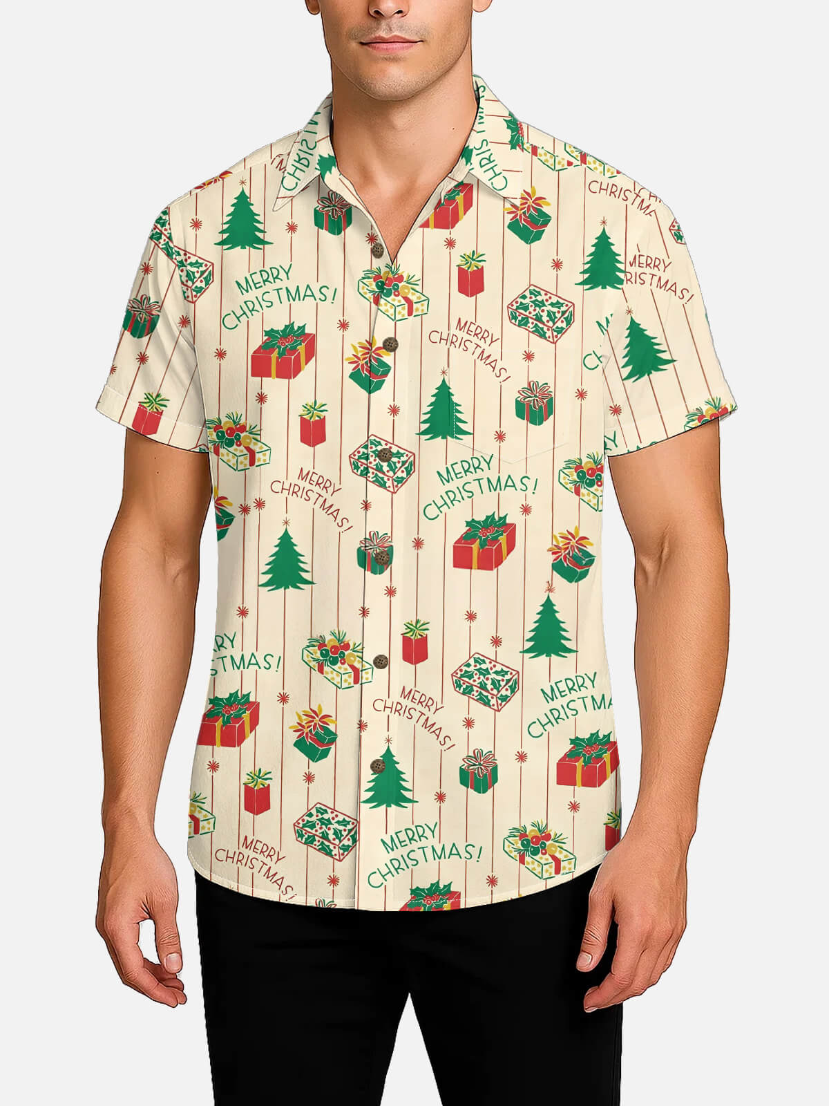 Tall Men's Christmas Gifts and Trees All Over Print Short Sleeve Shirt Eleven Oasis