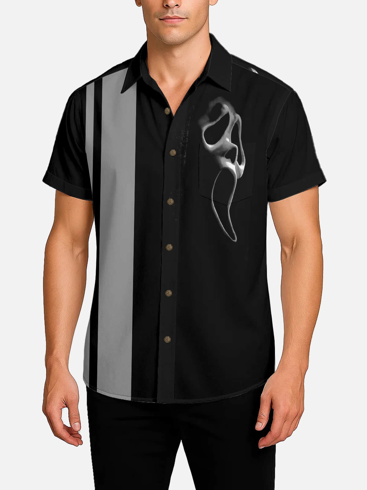 Men's Ghost Face Stripe Halloween Short Sleeve Shirt Eleven Oasis