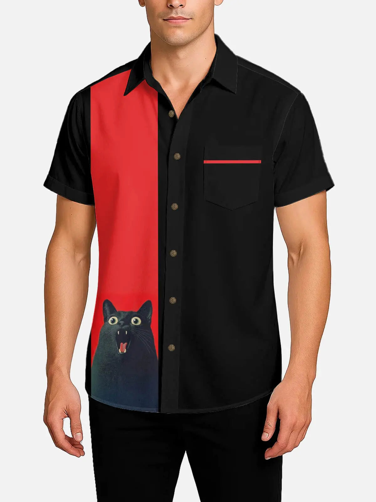Tall Men's Stunned Black Cat Graphic Short Sleeve Shirt Eleven Oasis