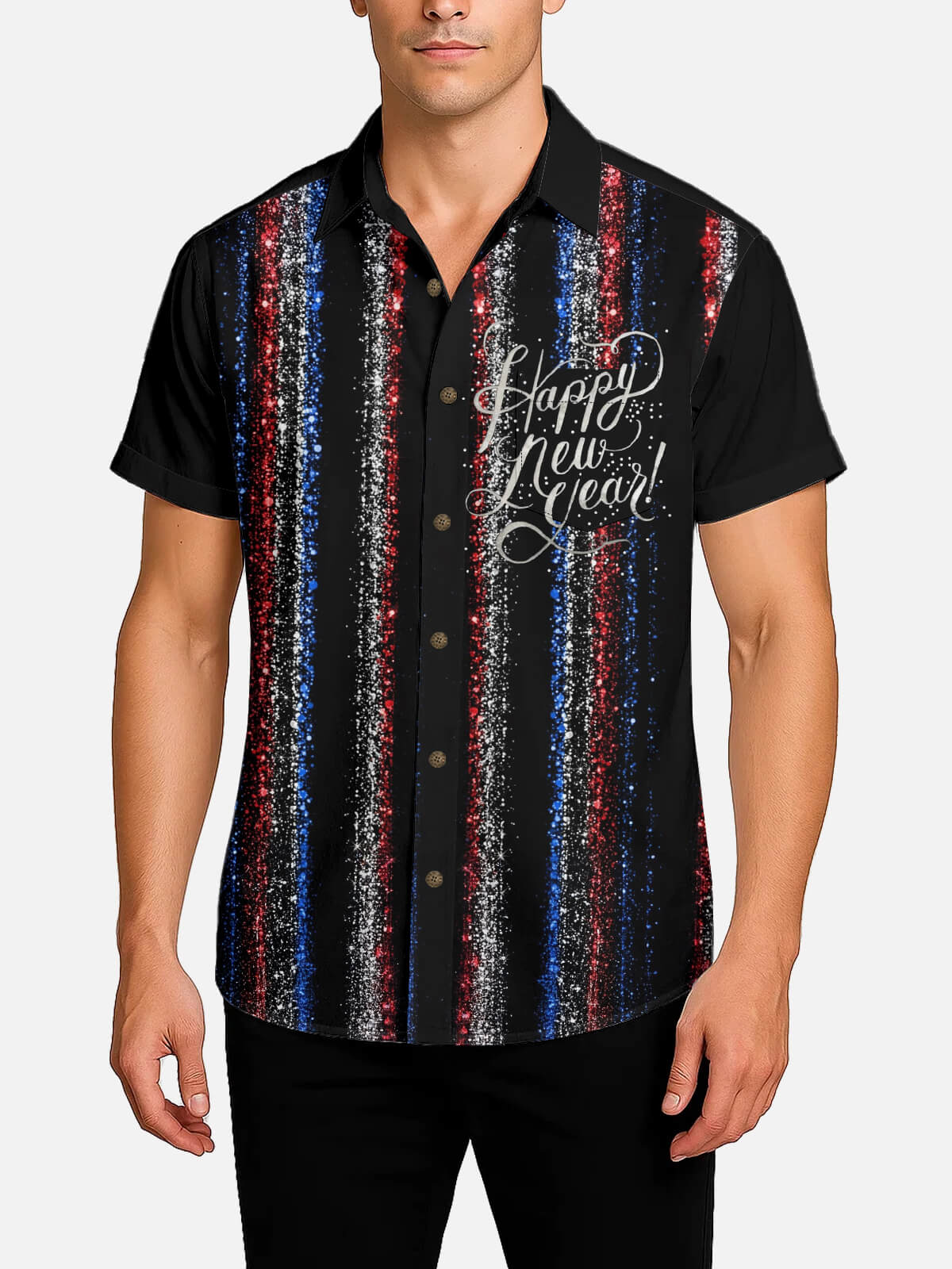Men's Glitter Stripe ¡°Happy New Year¡± Short Sleeve Shirt Eleven Oasis