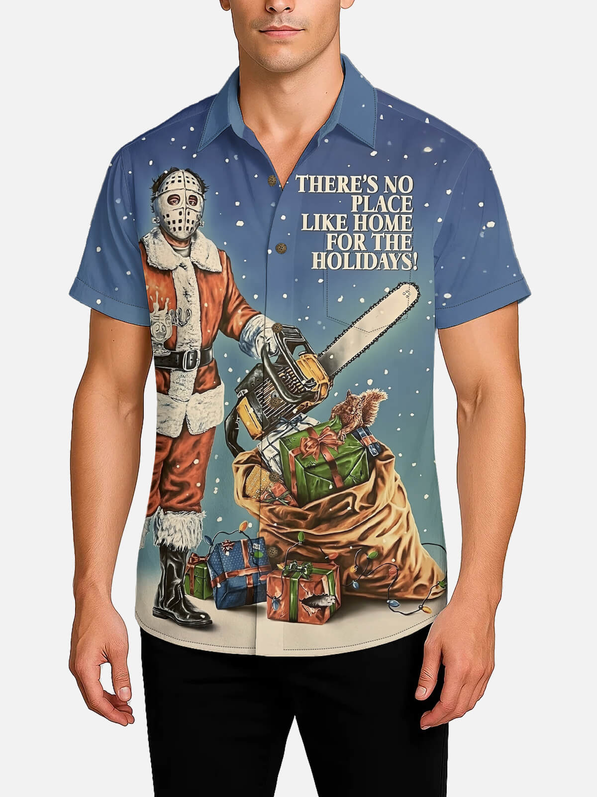 Men's "Home For The Holidays" Horror Santa Chainsaw Retro Shirt Eleven Oasis