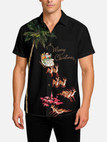 Men's Black Palm Tree Santa Sleigh Short Sleeve Shirt Eleven Oasis