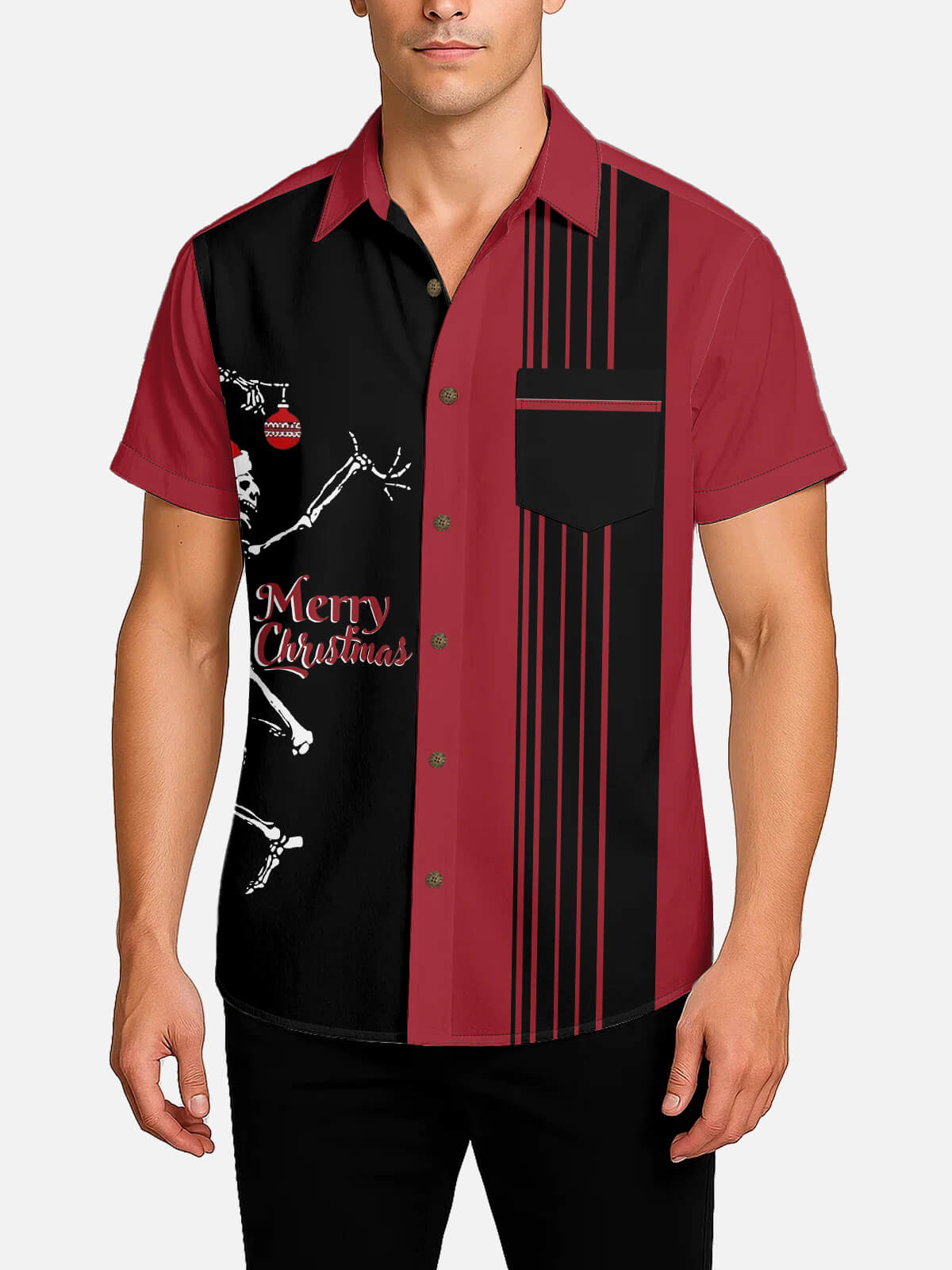 Tall Men's Skeleton Merry Christmas Short Sleeve Shirt Eleven Oasis