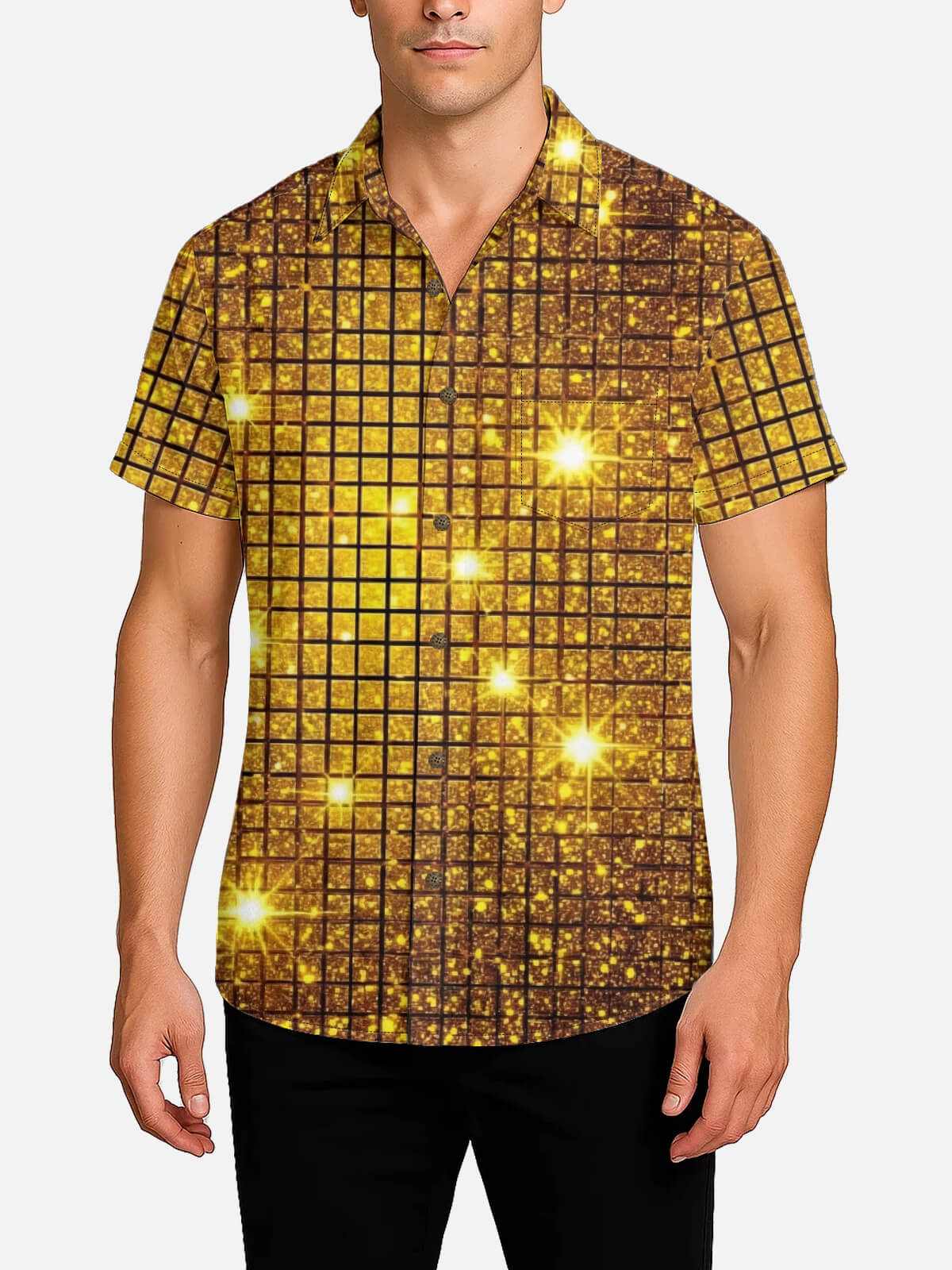 Tall Men's Gold Disco Grid Short Sleeve Shirt Eleven Oasis