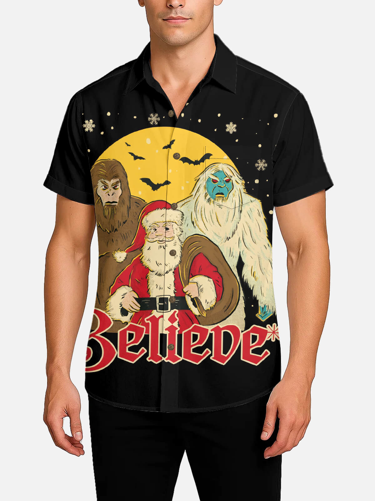 Tall Men's Believe in Bigfoot Christmas Short Sleeve Shirt Eleven Oasis