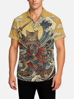 Men's Japanese Samurai Cat Wave Art Short Sleeve Shirt Eleven Oasis