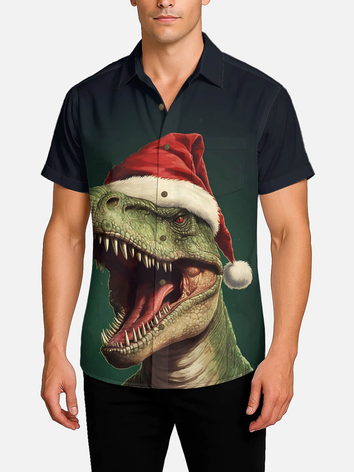Tall Men's Ferocious T-Rex Santa Hat Short Sleeve Shirt Eleven Oasis
