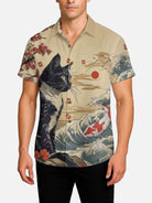 Men's Japanese Cat & Koi Landscape Spread Collar Short Sleeve Shirt Eleven Oasis
