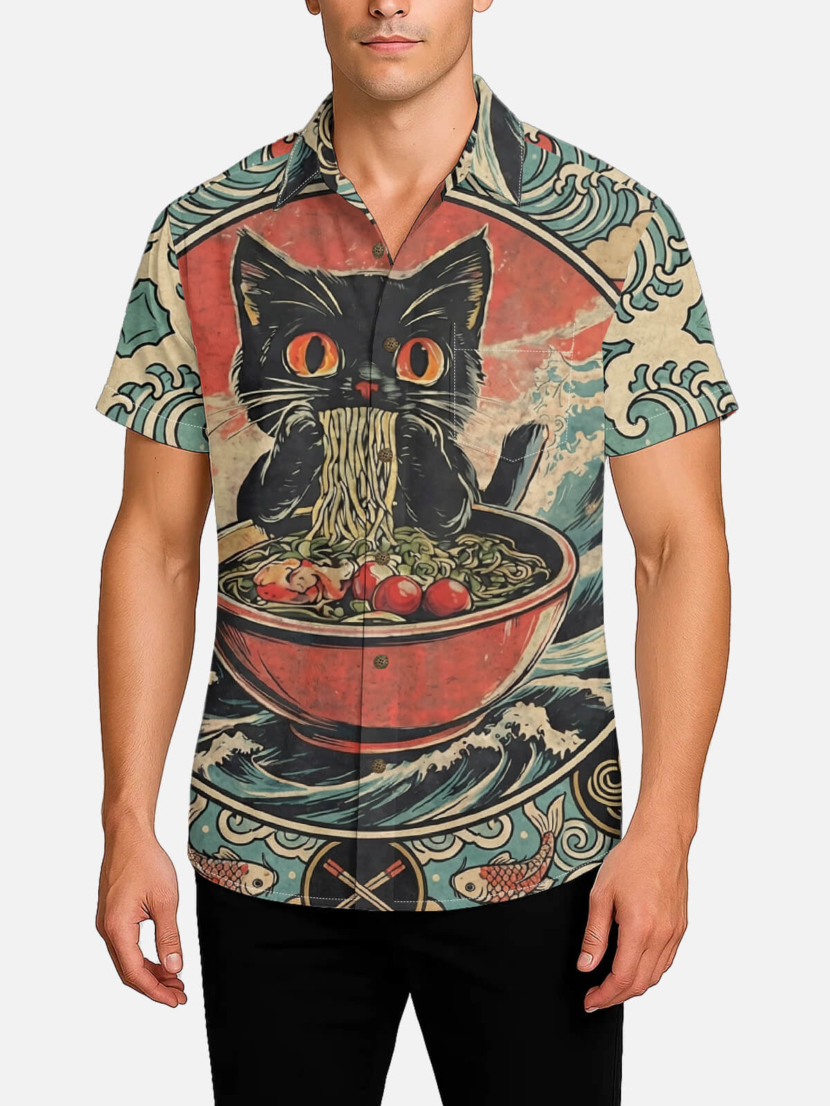 Men's Japanese Ramen Cat Ukiyo-e Short Sleeve Shirt Eleven Oasis