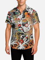 Men's Japanese Koi & Wave Tattoo Art Camp Collar Short Sleeve Shirt Eleven Oasis