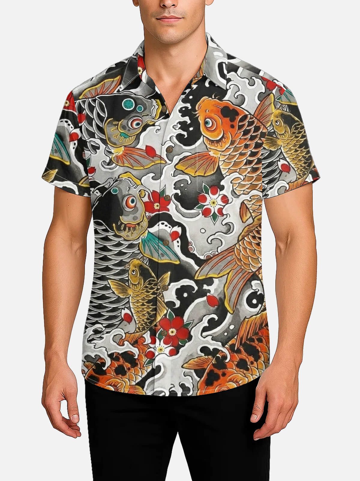 Men's Japanese Koi & Wave Tattoo Art Camp Collar Short Sleeve Shirt Eleven Oasis