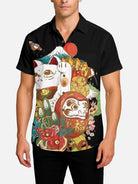 Men's Maneki-Neko & Daruma Japanese Icon Spread Collar Short Sleeve Shirt Eleven Oasis