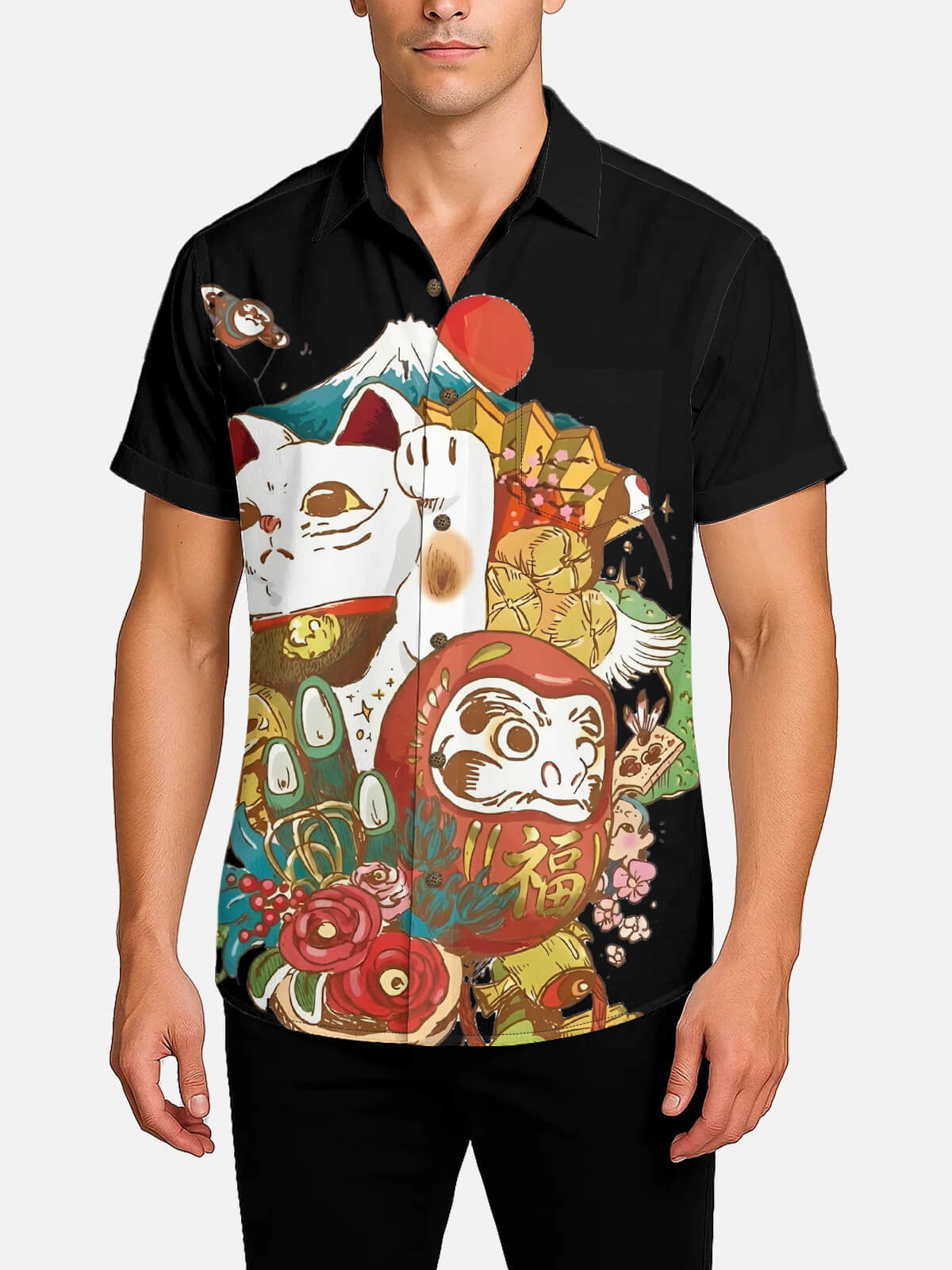 Men's Maneki-Neko & Daruma Japanese Icon Camp Collar Short Sleeve Shirt Eleven Oasis