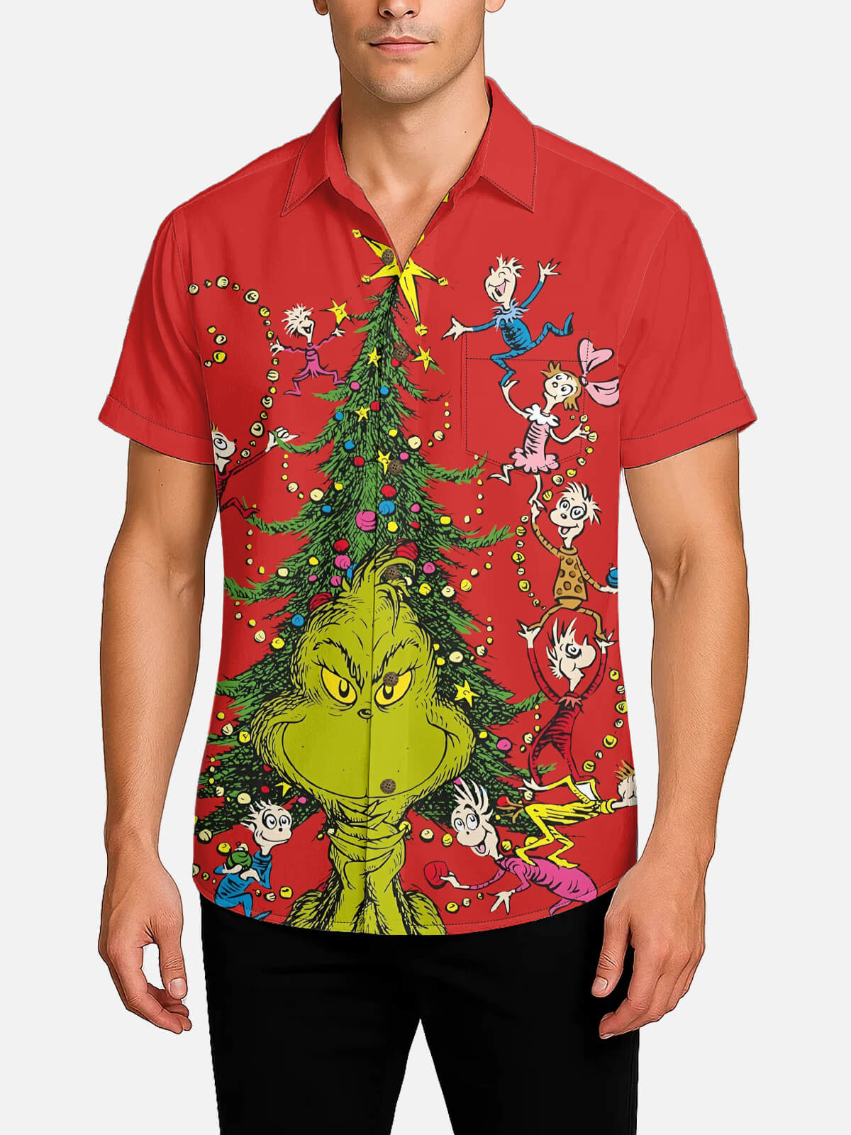 Men's Grinch Steals Christmas Tree Red Short Sleeve Shirt Eleven Oasis