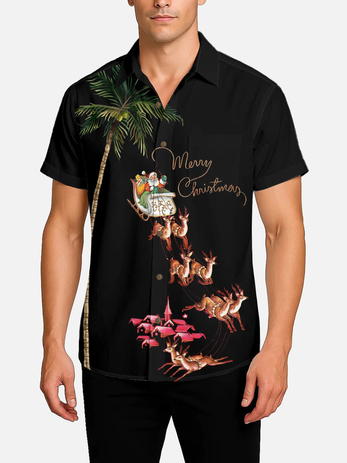 Tall Men's Black Palm Tree Santa Sleigh Short Sleeve Shirt Eleven Oasis