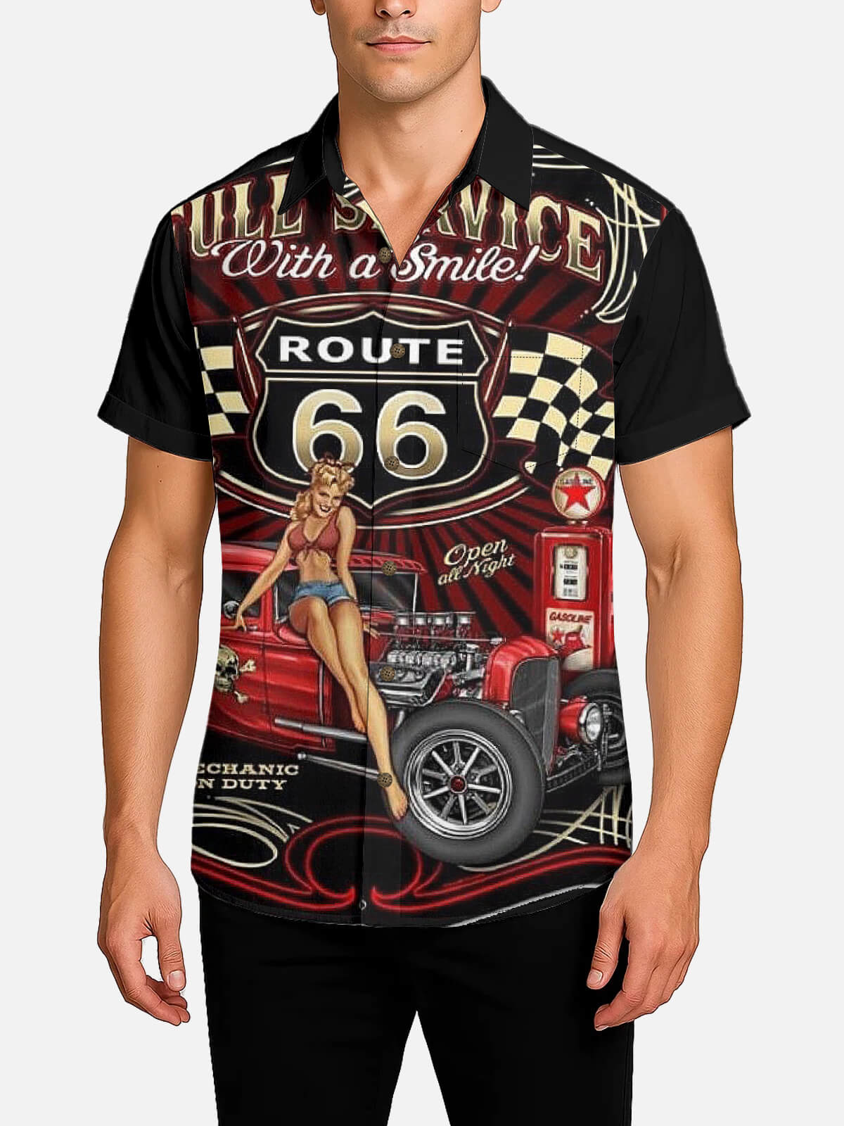 Tall Men's Route 66 Pin-Up Hot Rod Short Sleeve Shirt Eleven Oasis