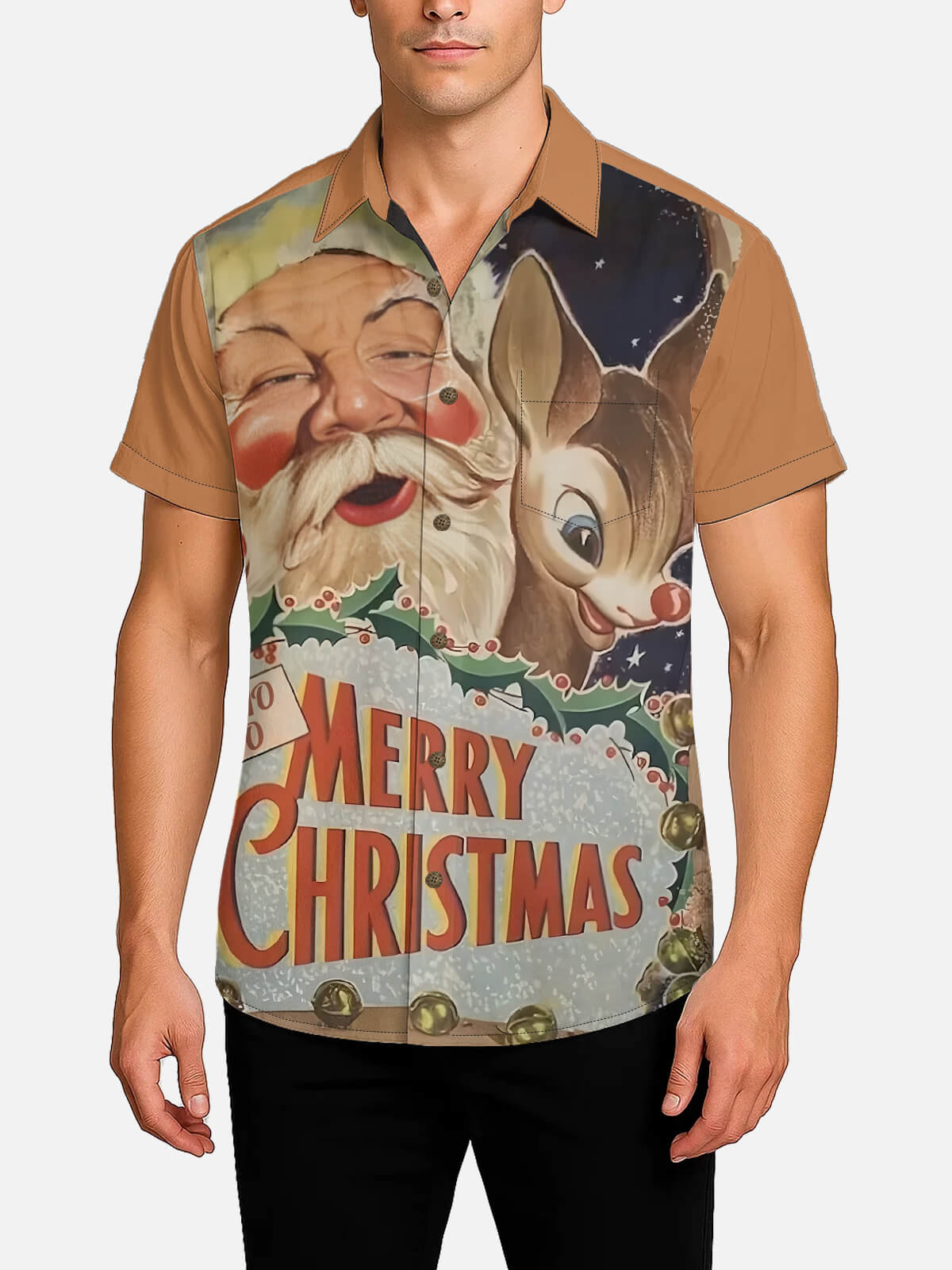Men's Santa and Rudolph Merry Christmas Short Sleeve Shirt Eleven Oasis