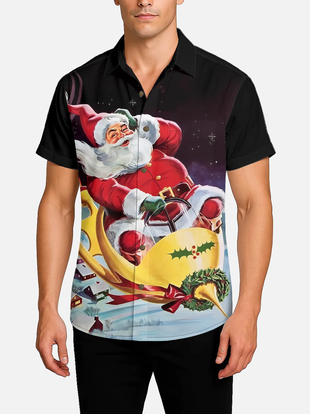 Men's Retro Santa Sleigh Ride Christmas Short Sleeve Shirt Eleven Oasis