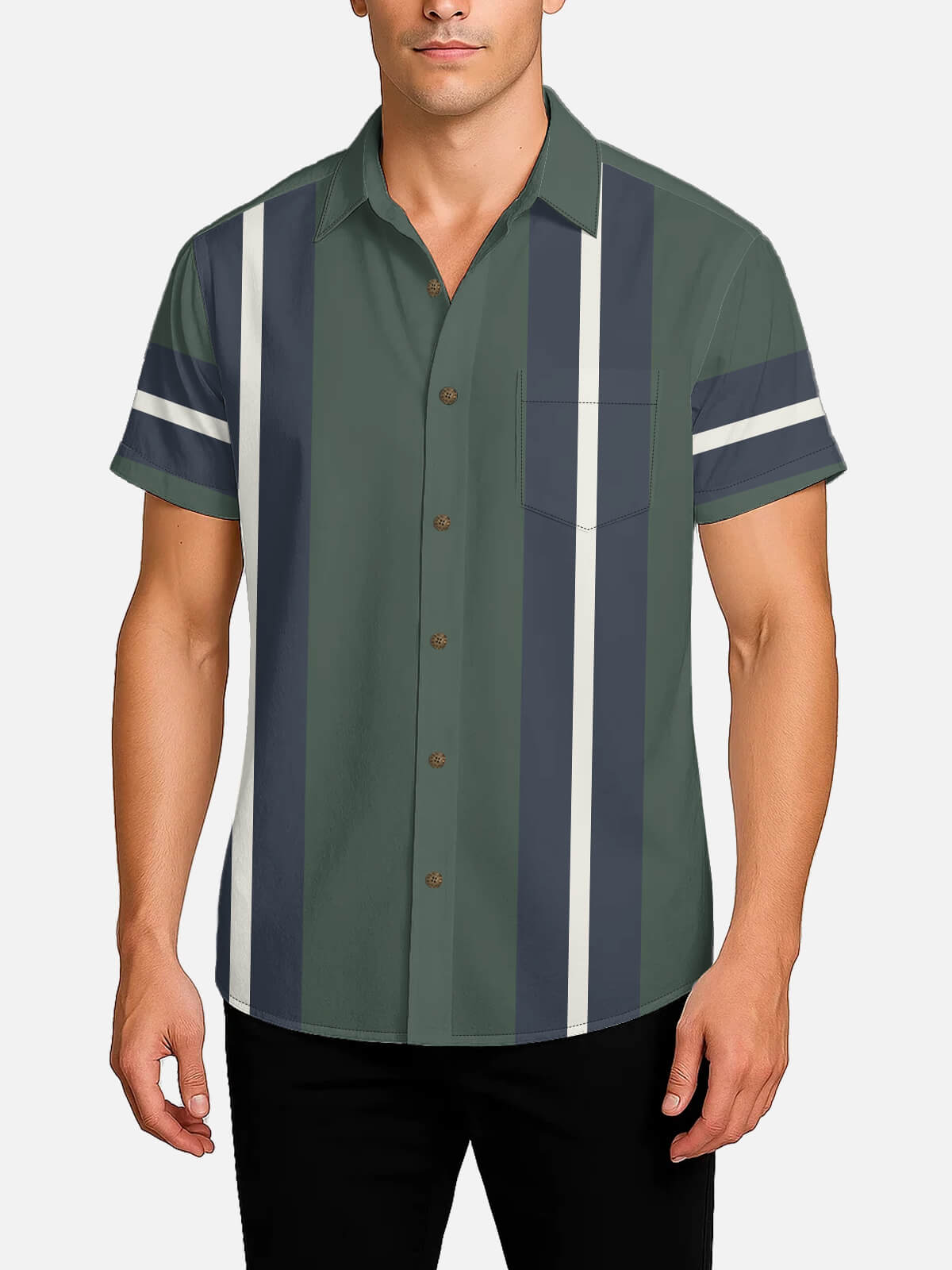 Men¡¯s Classic Pinstripe Bowling Short Sleeve Shirt Eleven Oasis