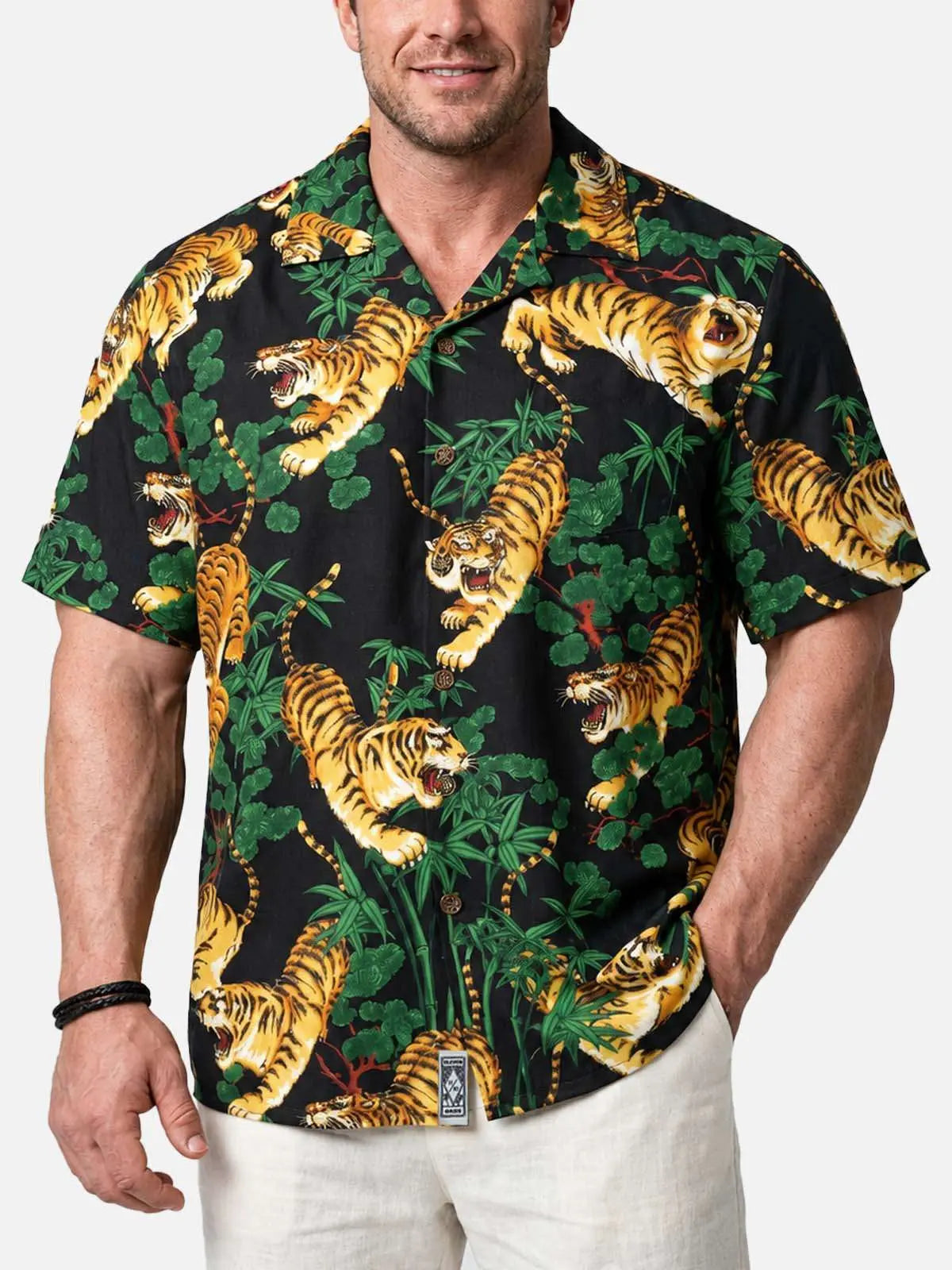 Men's Japanese Tiger & Bamboo Camp Collar Short Sleeve Shirt 