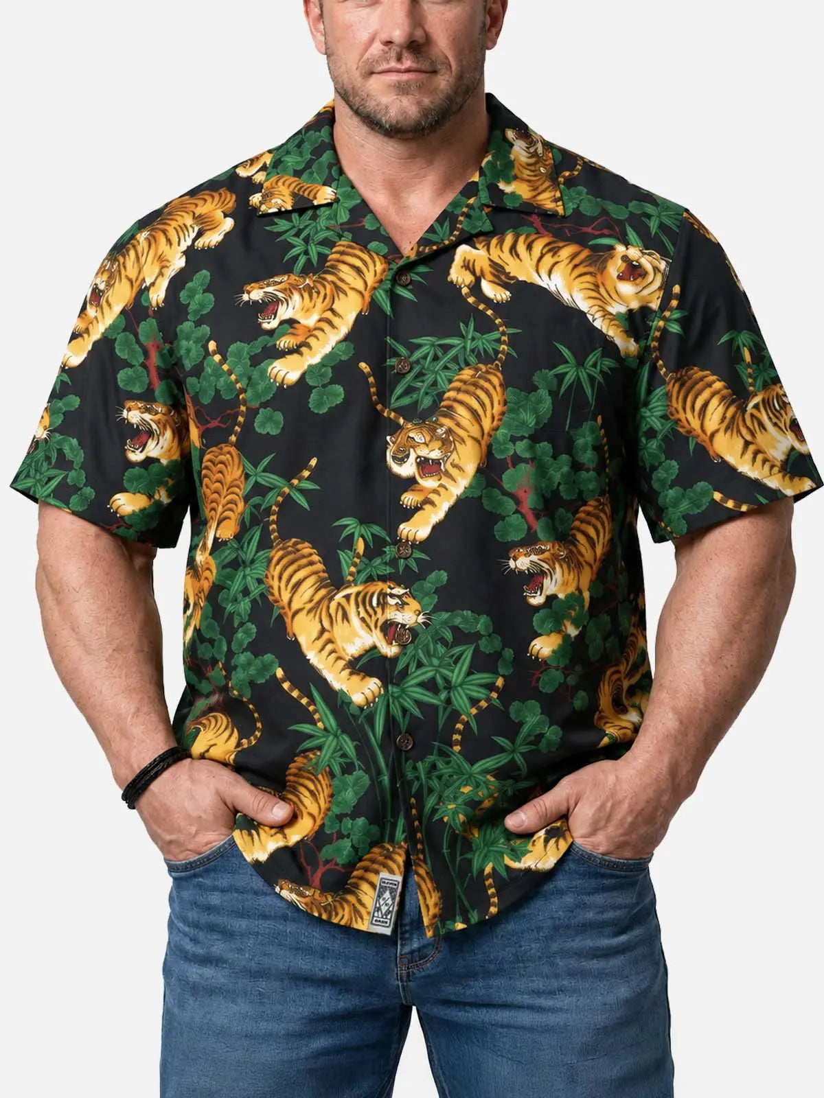 Tall Men's Japanese Tiger & Bamboo Camp Collar Short Sleeve Shirt 