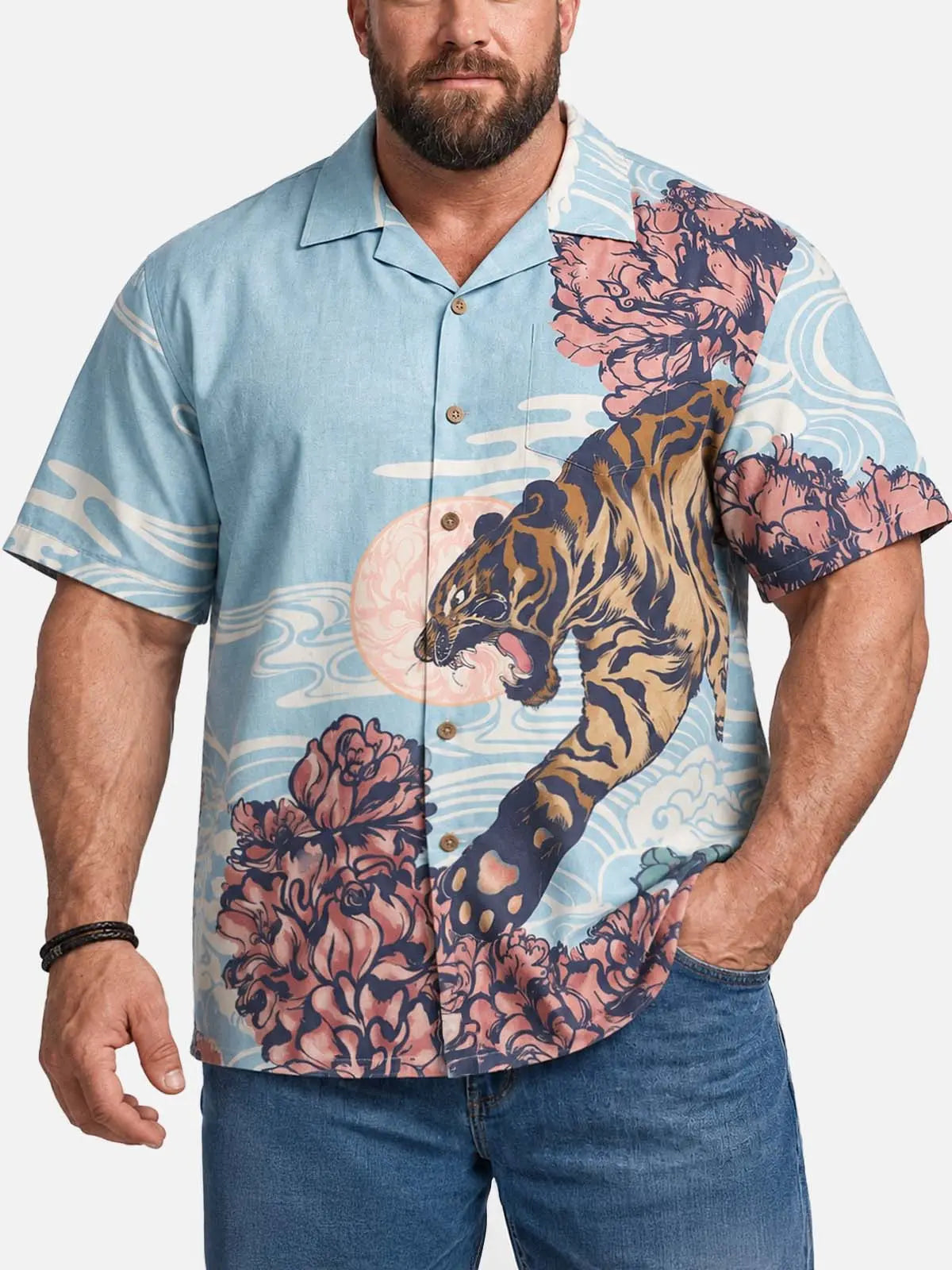 Tall Men's Japanese Tiger & Peony Sky Short Sleeve Shirt 