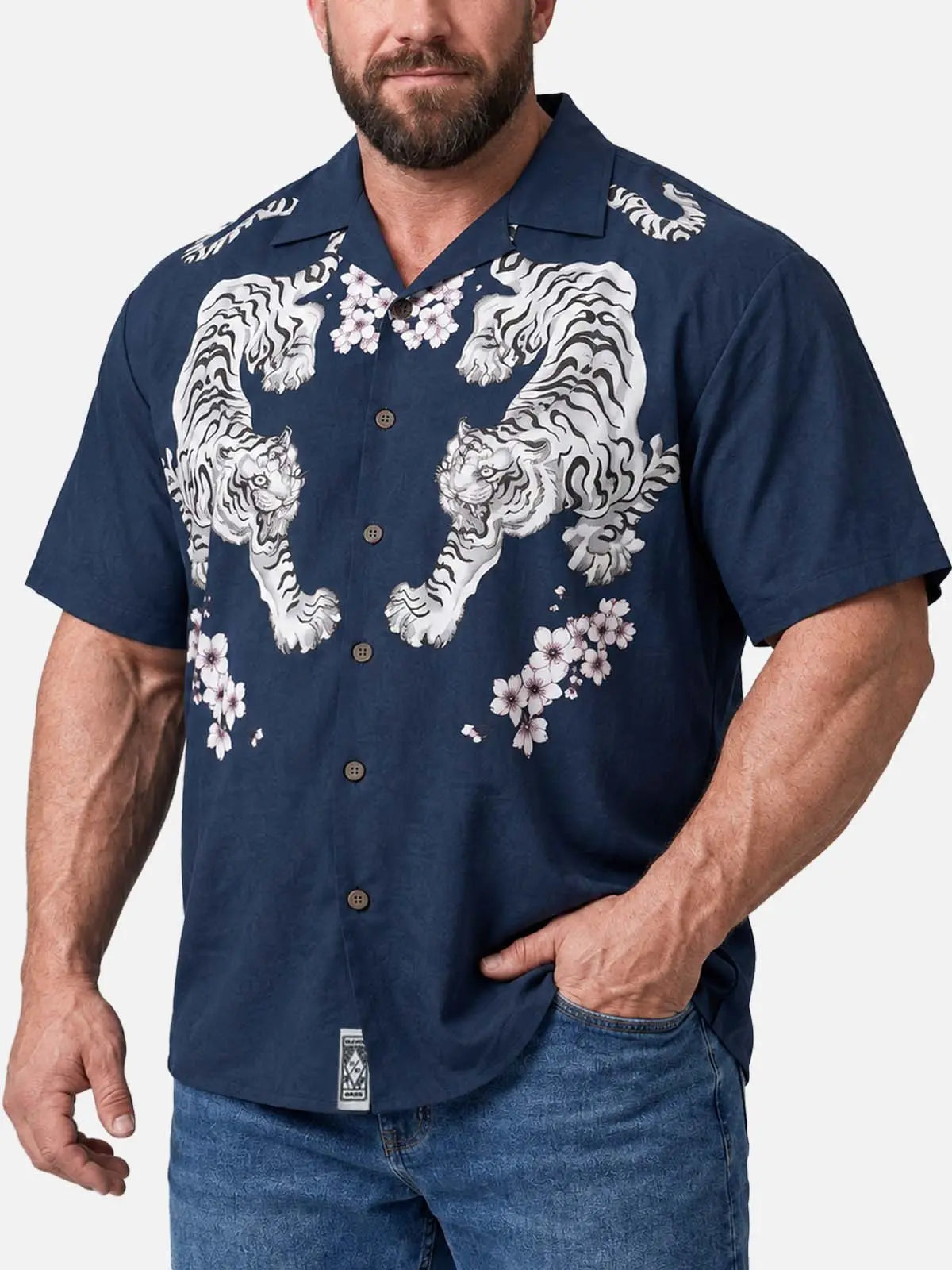 Tall Men's Japanese White Tiger & Sakura Short Sleeve Shirt 