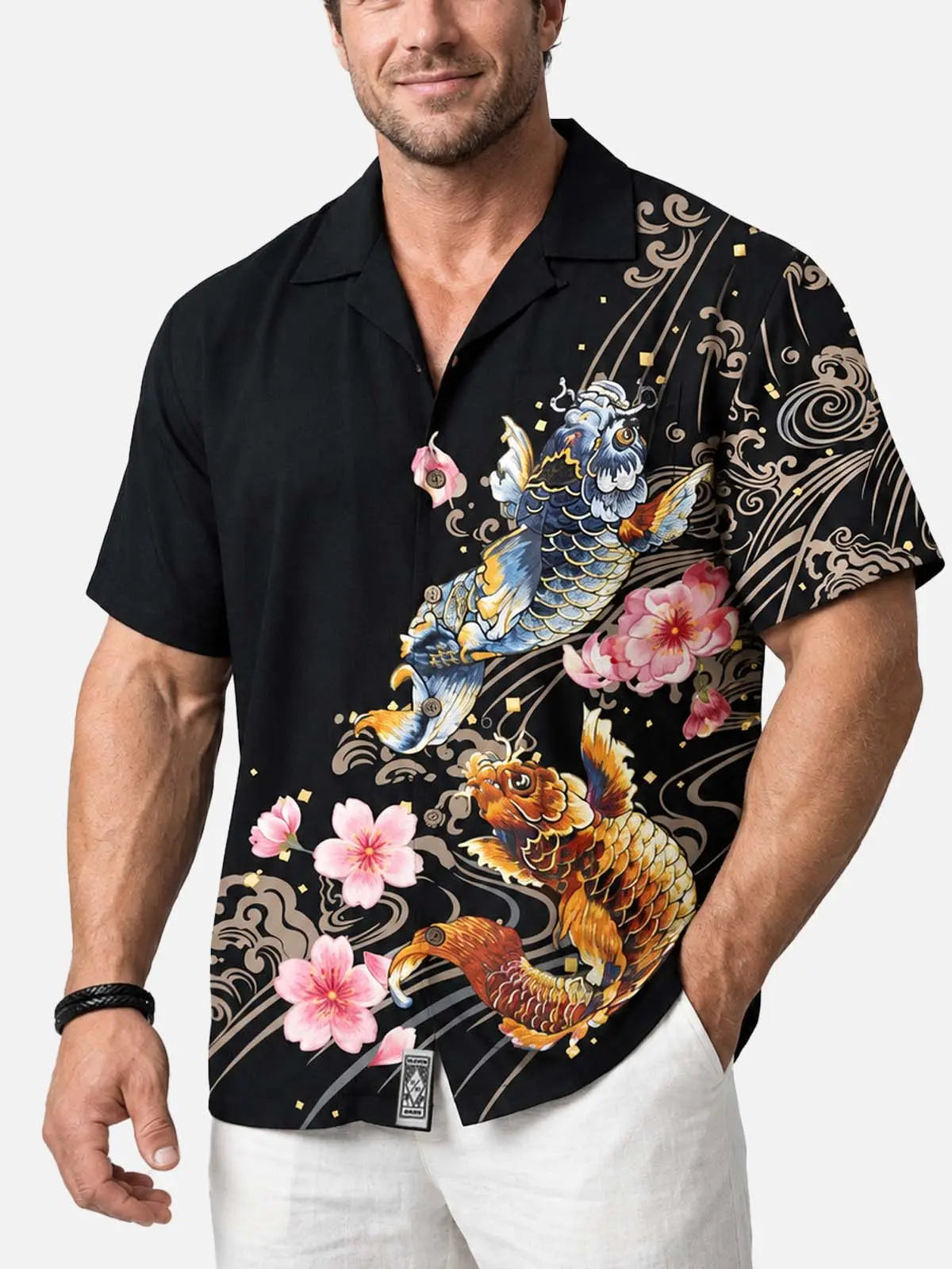 Men's Japanese Koi & Cherry Blossom Short Sleeve Shirt 