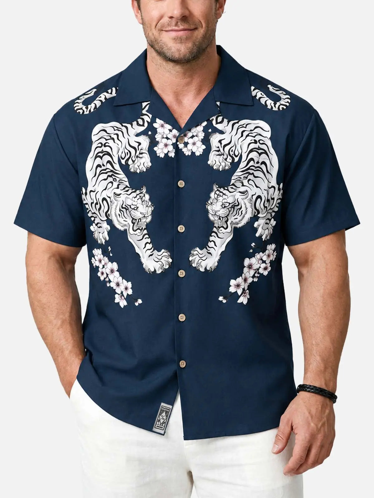 Men's Japanese White Tiger & Sakura Short Sleeve Shirt?