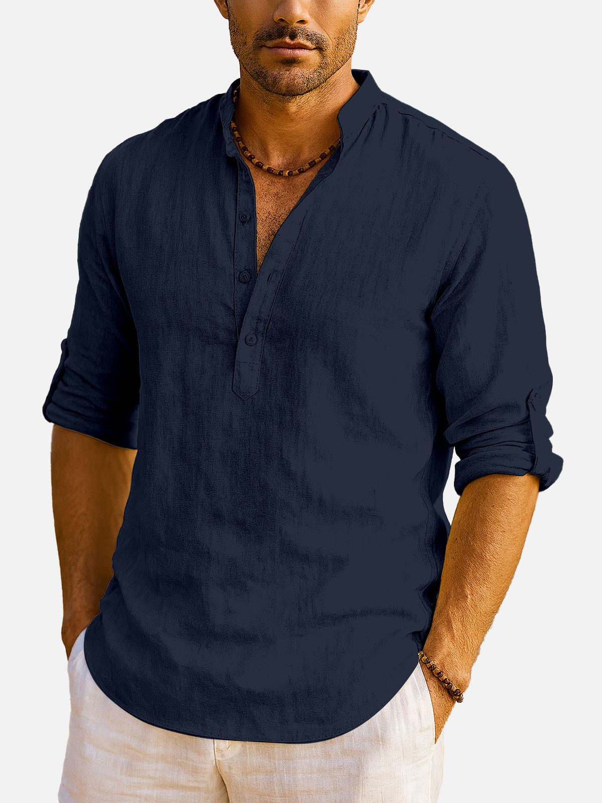 Men's Cotton Stand Collar Long Sleeve Shirt Eleven Oasis