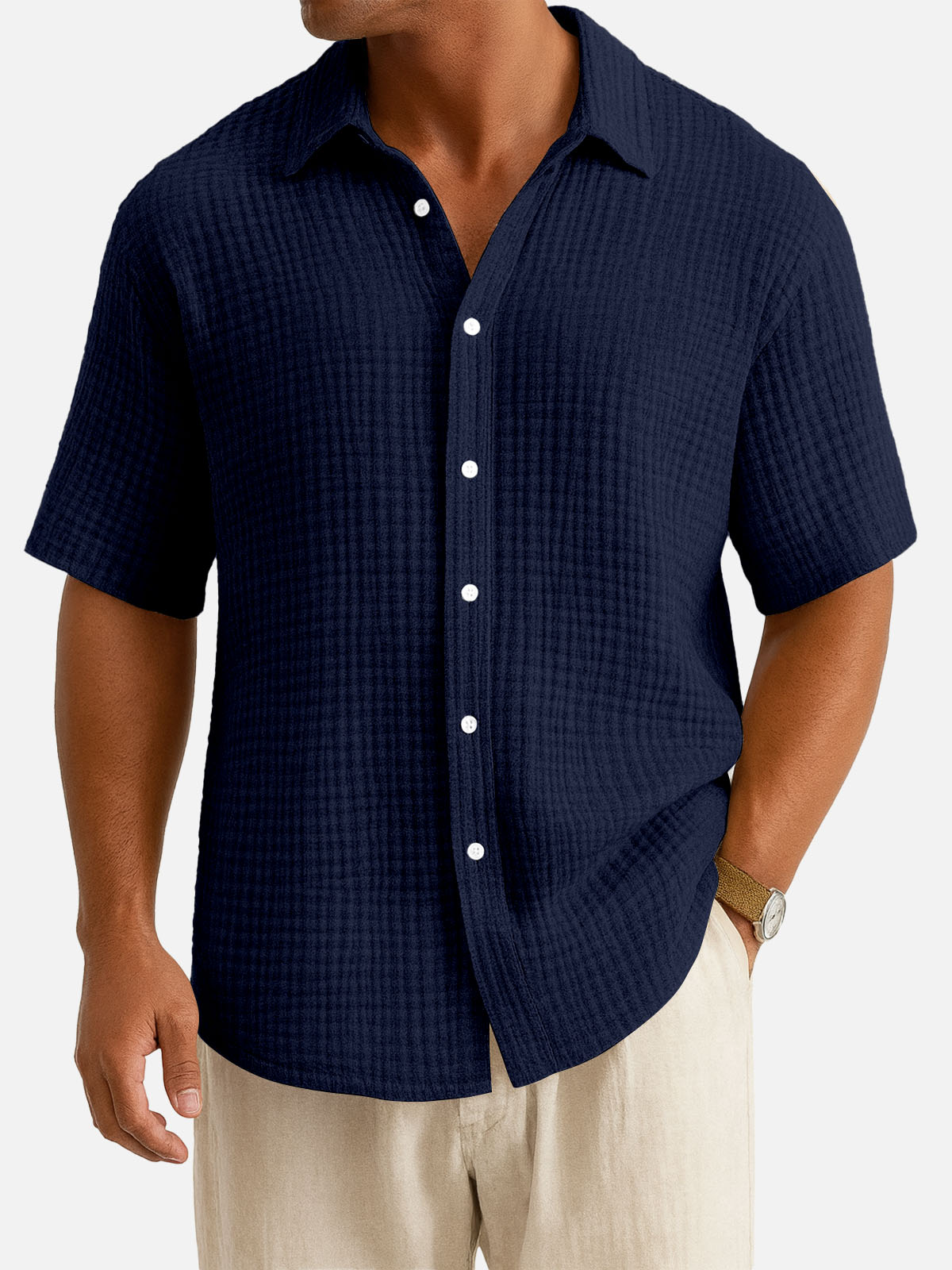 Men¡®s Cotton Waffle Texture Short Sleeve Shirt Eleven Oasis